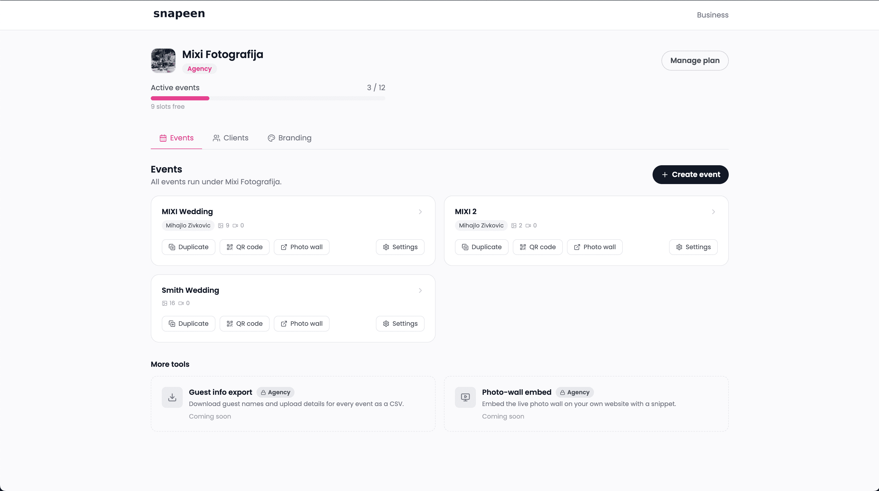 Snapeen business dashboard with active events, client management, QR codes, and photo tools
