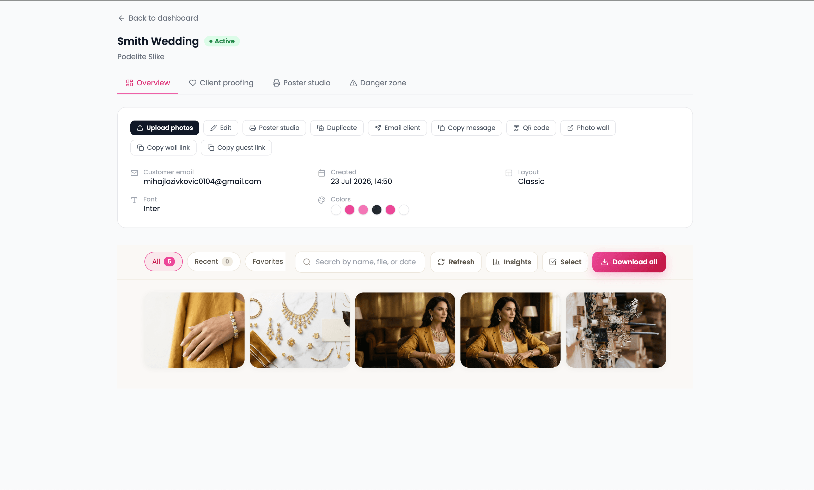 Event overview page showing branding settings, tools, and the photo gallery