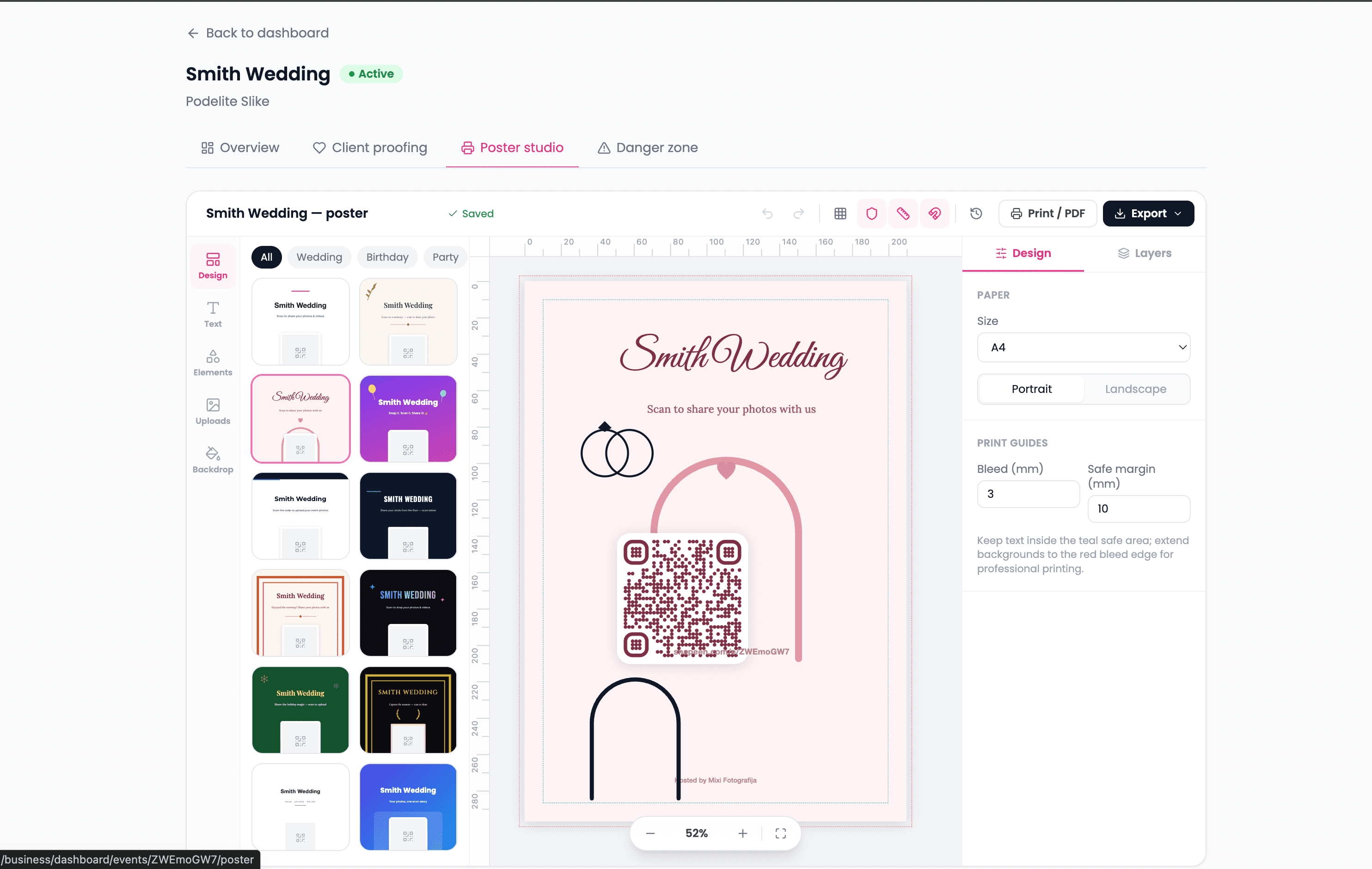 Poster Studio editor with template gallery and a wedding QR poster on the canvas