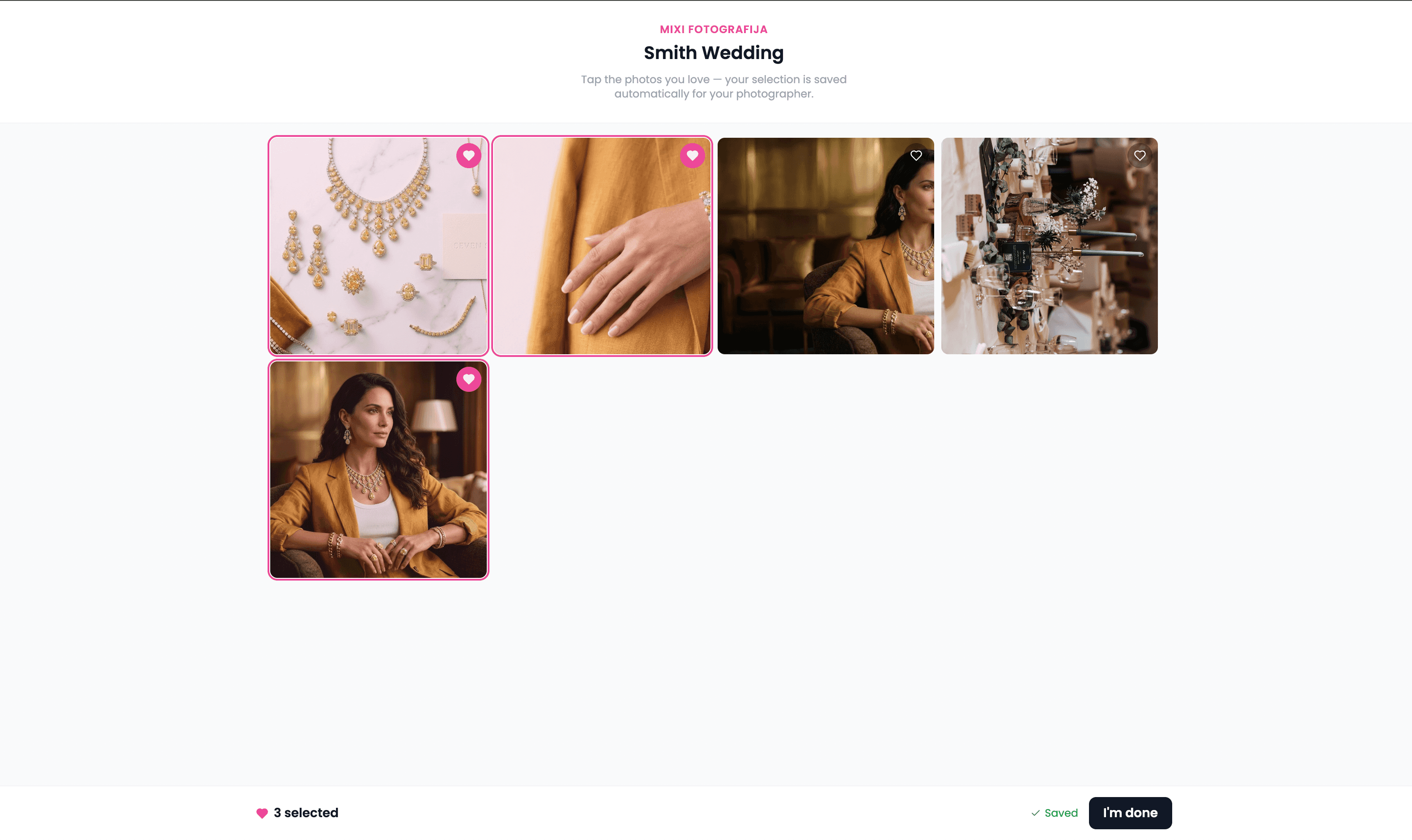 Client proofing gallery where the client taps photos to mark their favorites