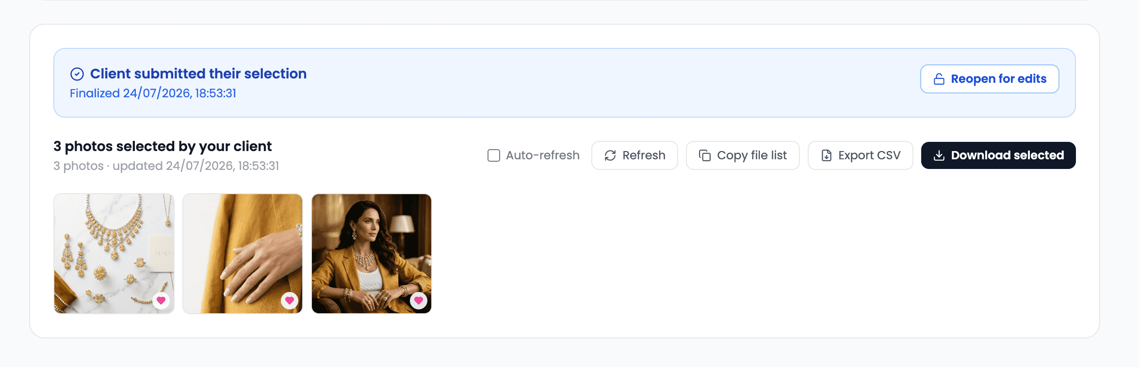 Photographer view showing the client’s finalized selection with export and download options