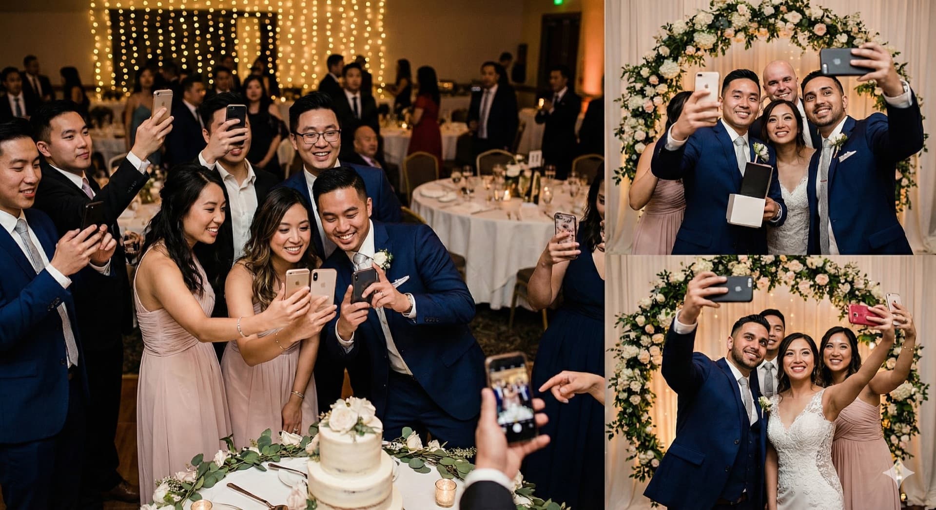 Wedding guests taking photos with smartphones at reception