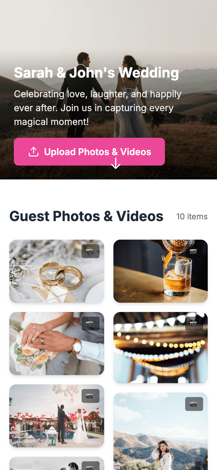 Snapeen guest event page on a phone: wedding cover with the Upload Photos & Videos button above the live gallery of guest photos