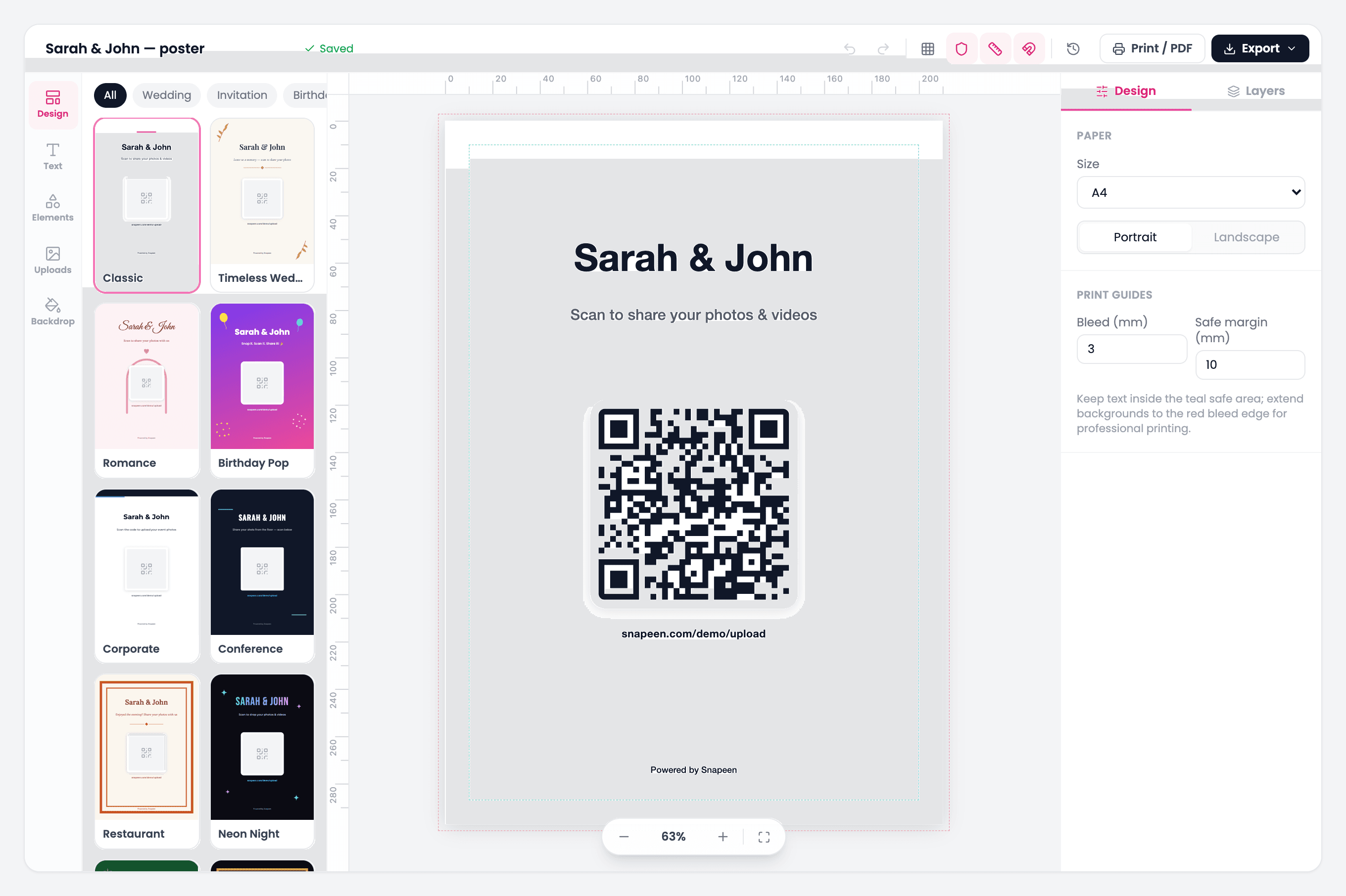 The Snapeen Poster Studio editor: poster template gallery, an A4 canvas with event name and upload QR code, and print settings for paper size, bleed and safe margins