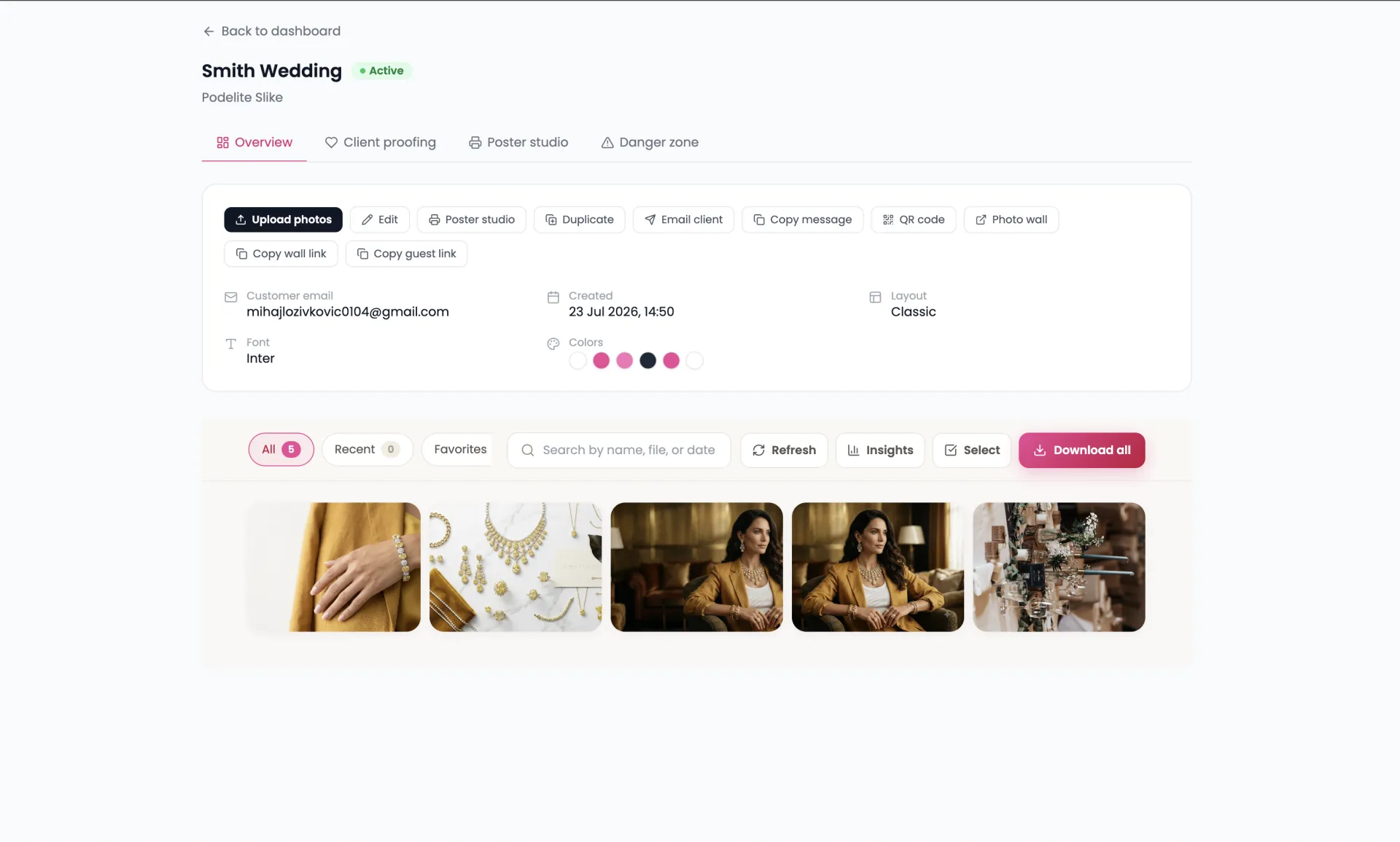Event overview page showing branding settings, tools, and the photo gallery