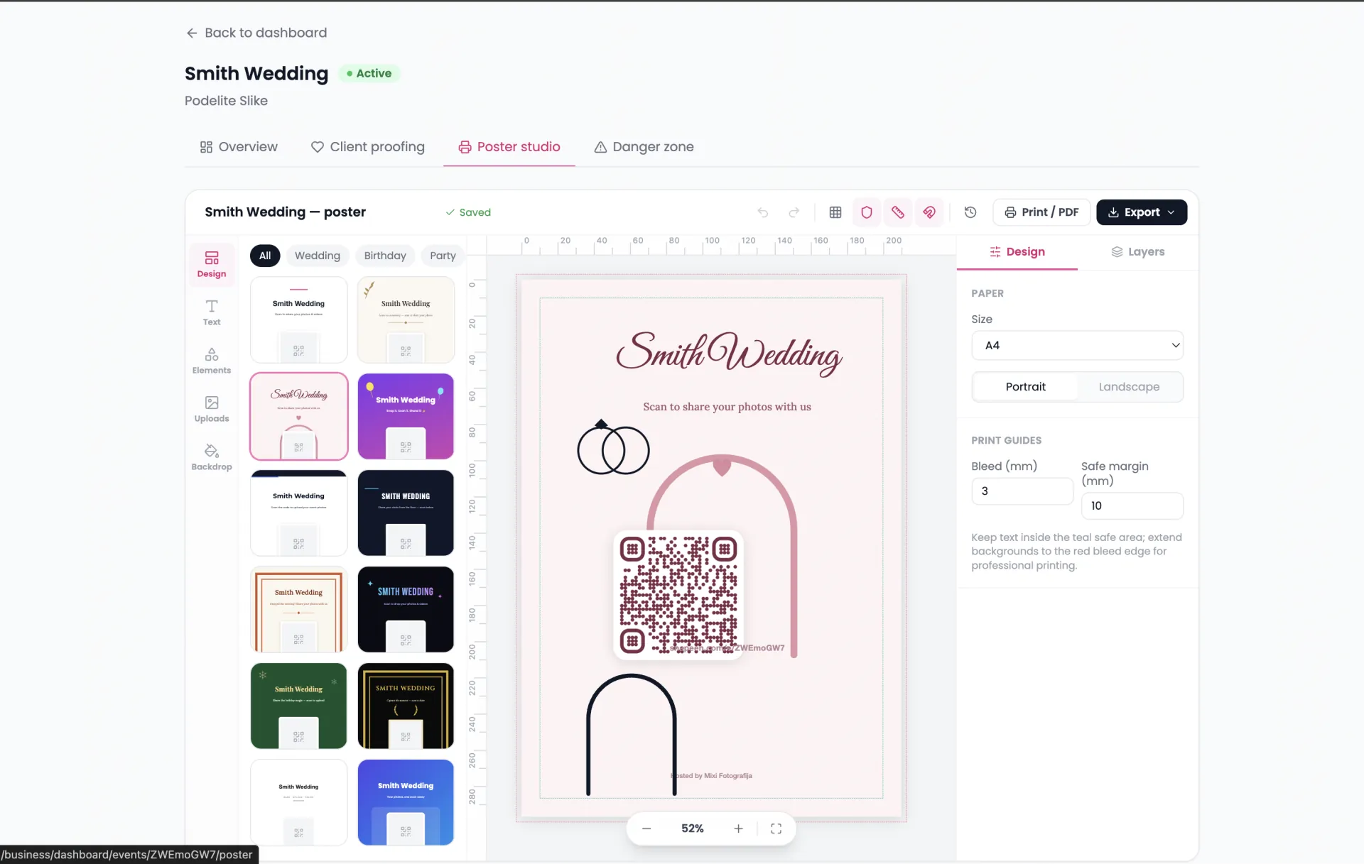 Poster Studio editor with template gallery and a wedding QR poster on the canvas