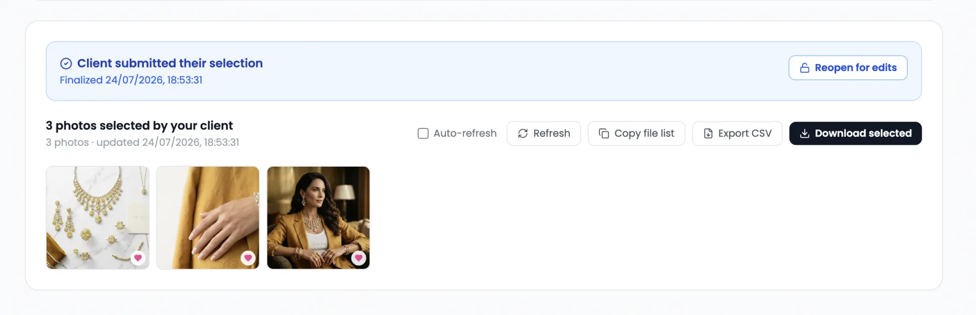 Photographer view showing the client’s finalized selection with export and download options