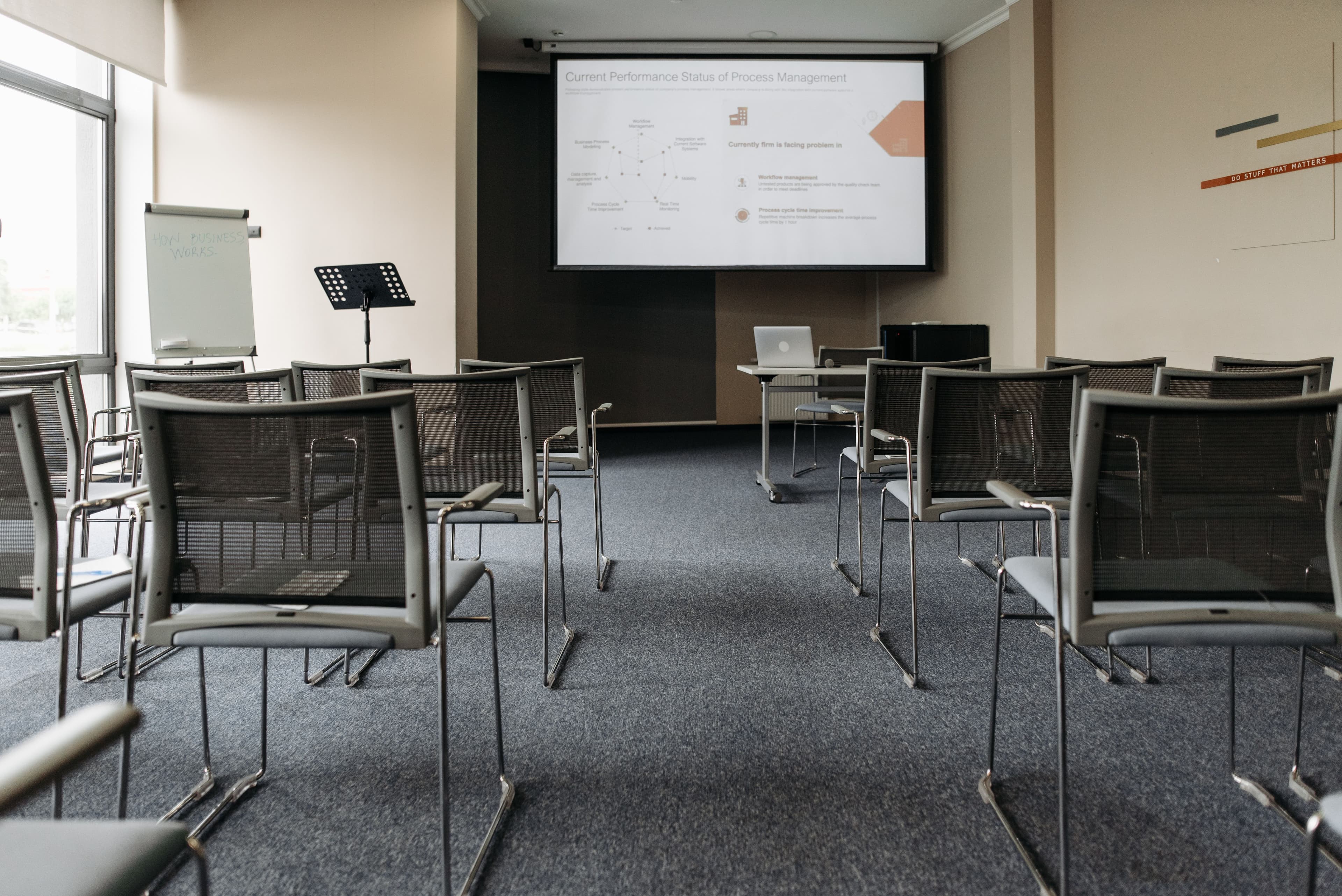 Corporate event planning: conference room set up for a business event