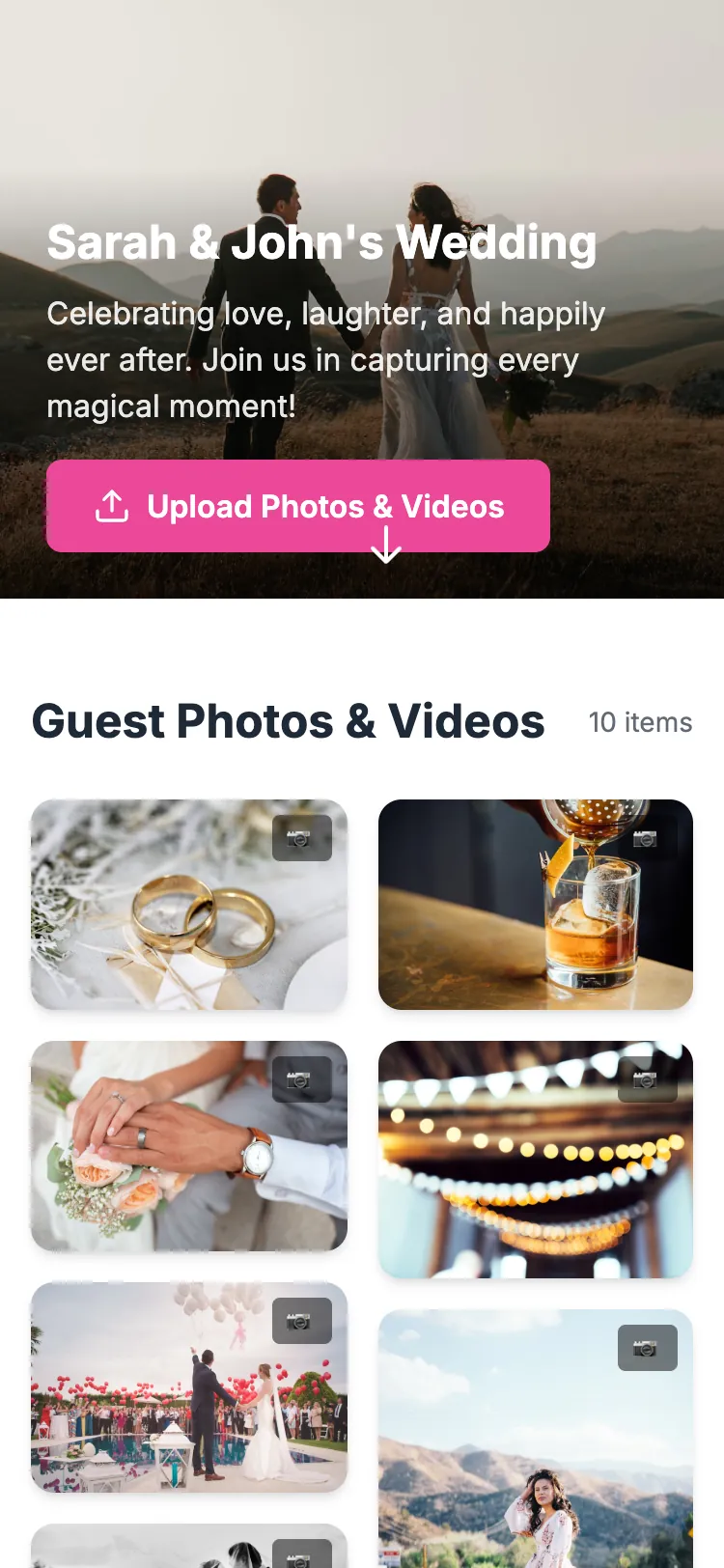 Snapeen guest event page on a phone: wedding cover with the Upload Photos & Videos button above the live gallery of guest photos