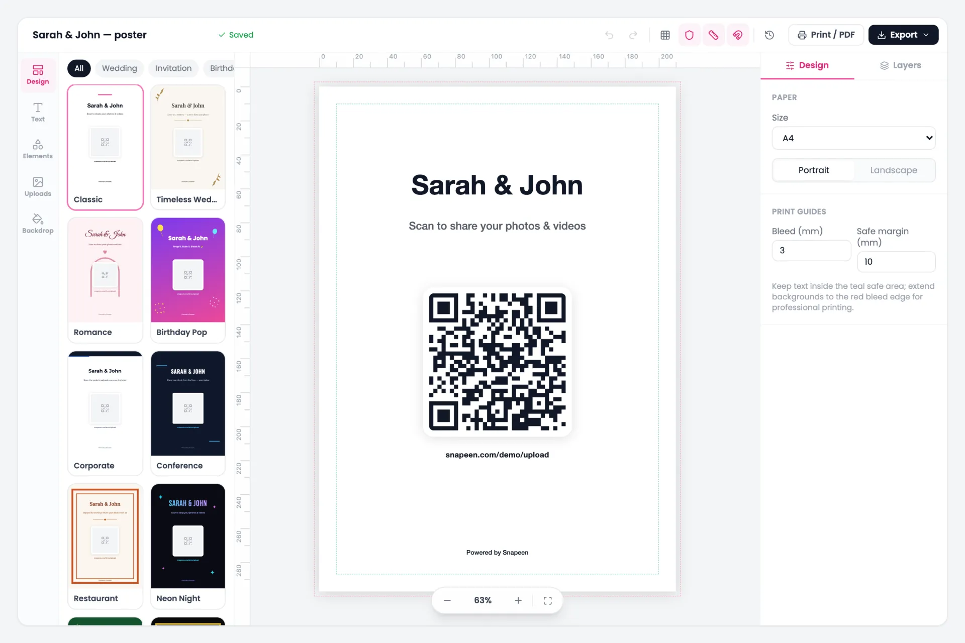 The Snapeen Poster Studio editor: poster template gallery, an A4 canvas with event name and upload QR code, and print settings for paper size, bleed and safe margins