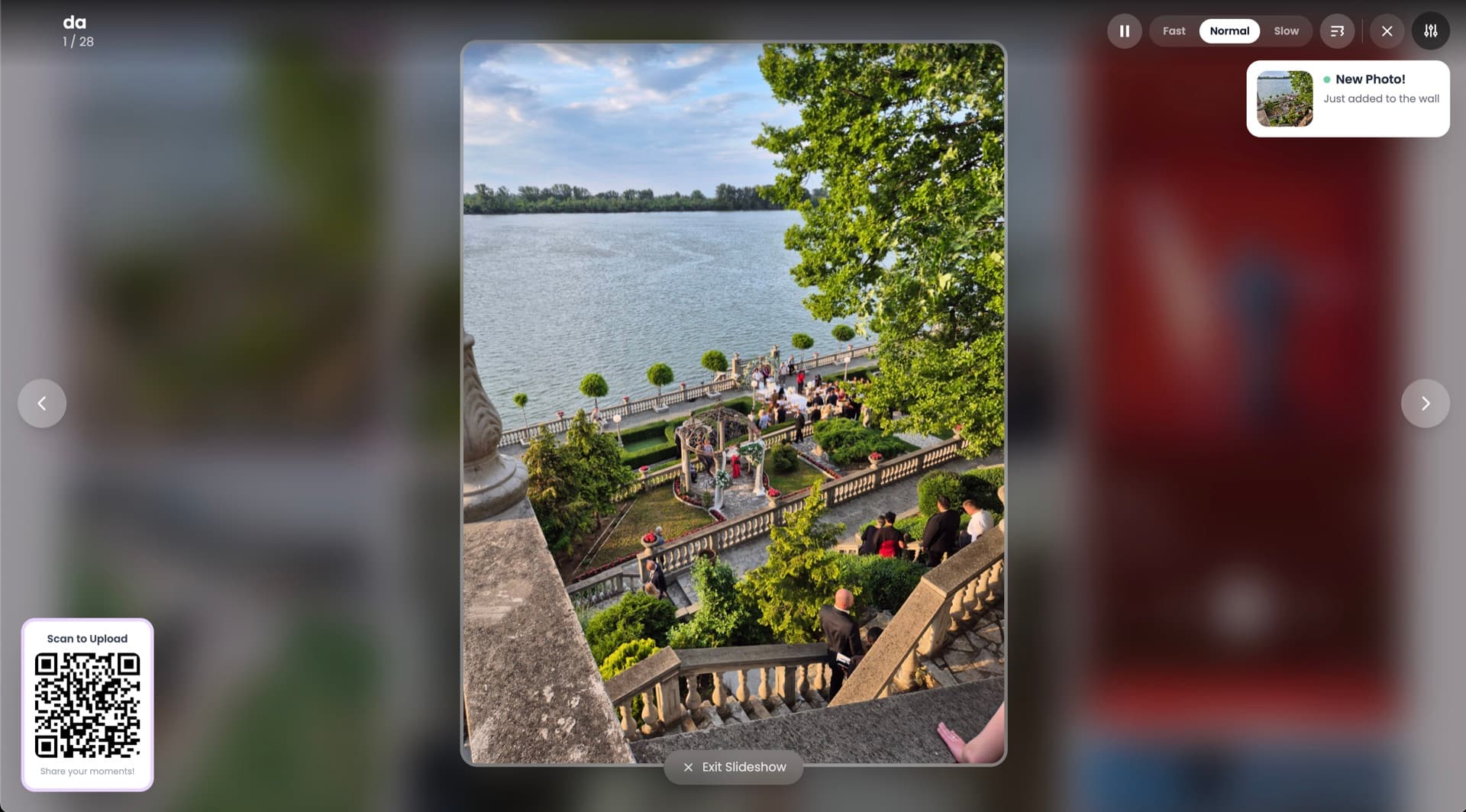 Live photo slideshow displayed on screen as guests upload photos in real time