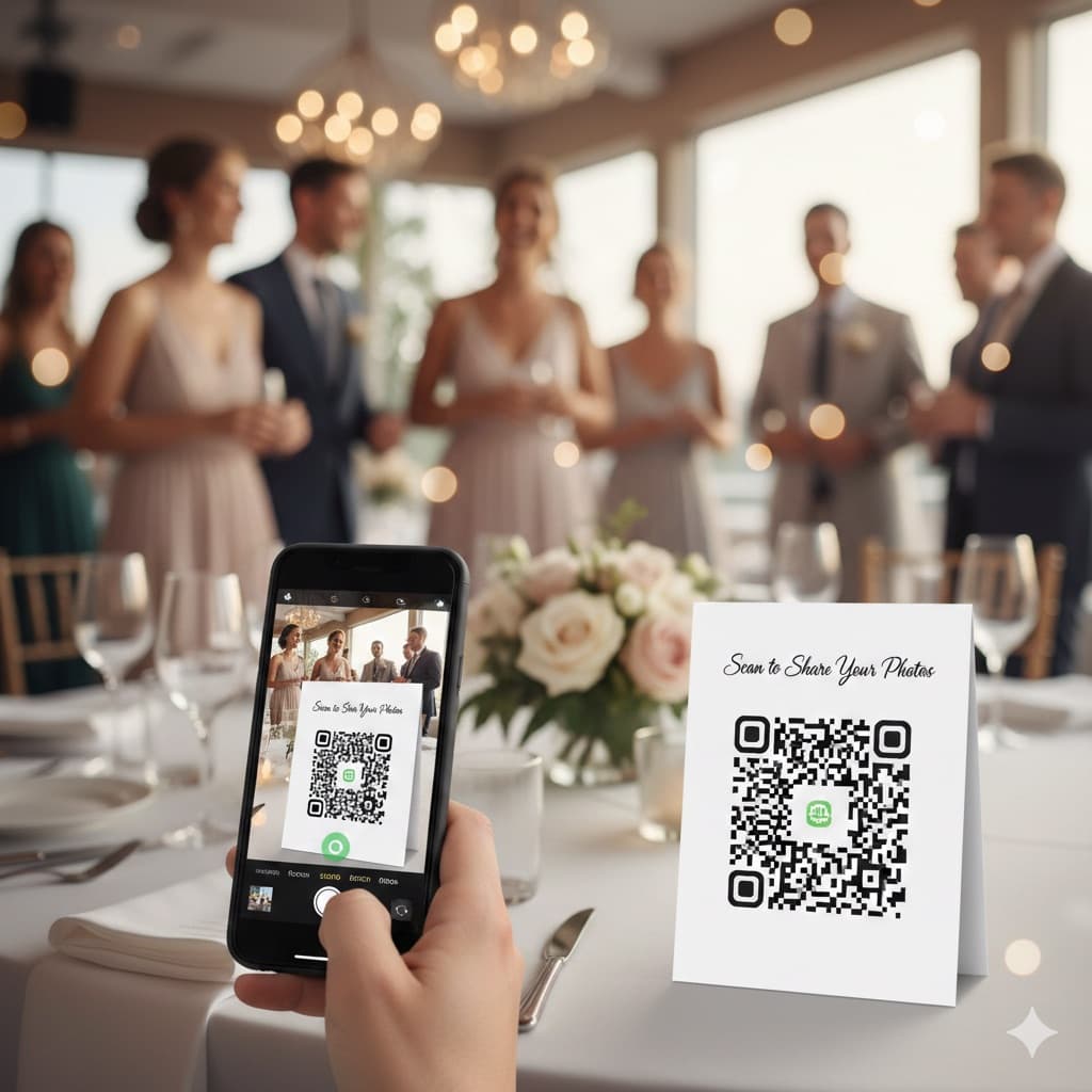 Wedding guest scanning QR code on table card to upload photos instantly