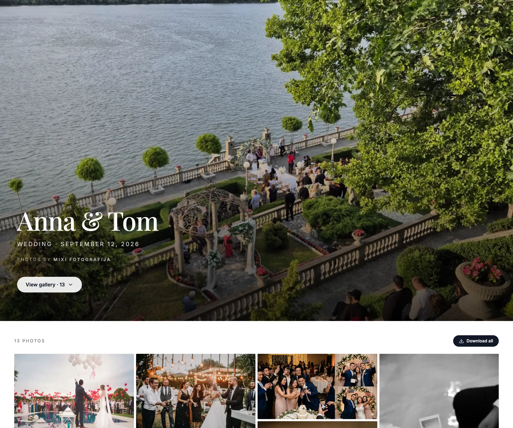 Snapeen client gallery for a wedding shared with guests and family: cover photo, date, photographer credit and a Download all button